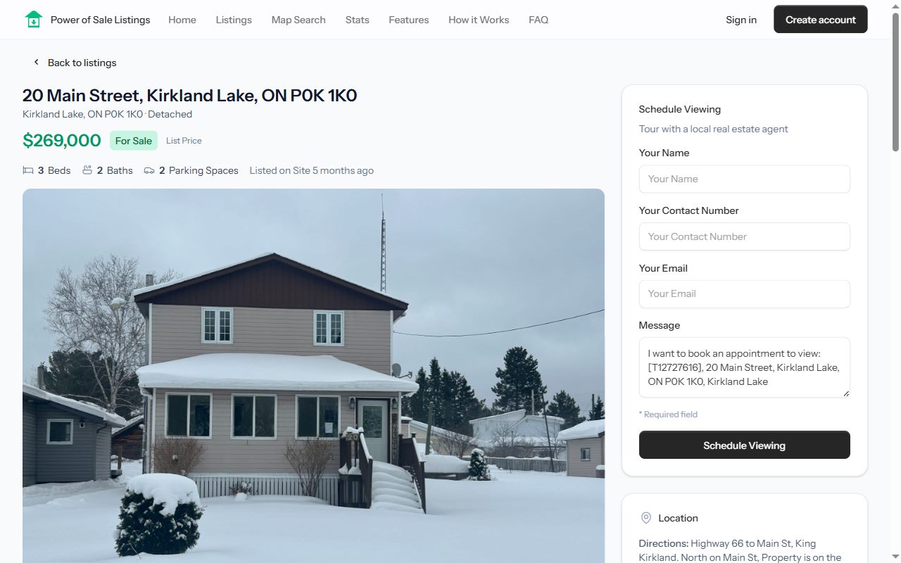A listing detail page with photos, key facts, and the Schedule Viewing form