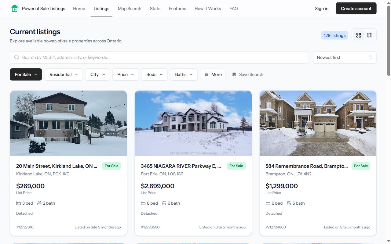 The listings page with search, filters, and property cards