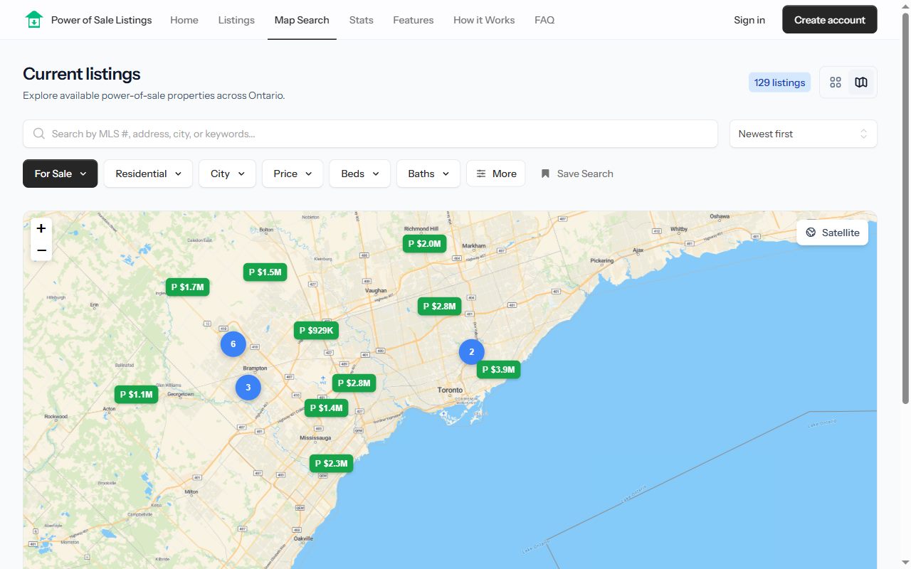 Map search with price markers and clusters across the Greater Toronto Area